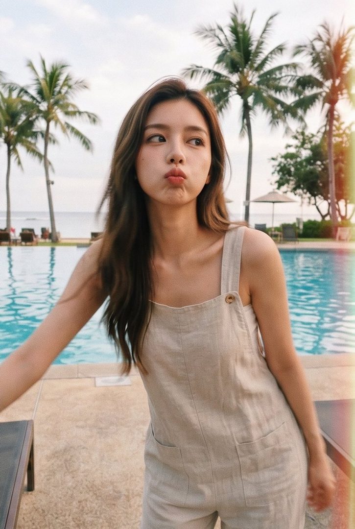 A young woman with long brown hair makes a playful pout while standing by a swimming pool with palm trees in the background.