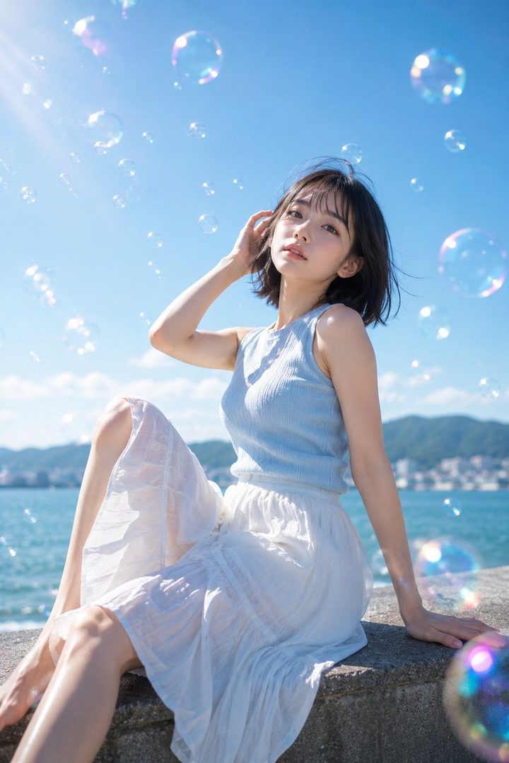A young woman with short black hair sits by the sea on a sunny day, surrounded by bubbles.
