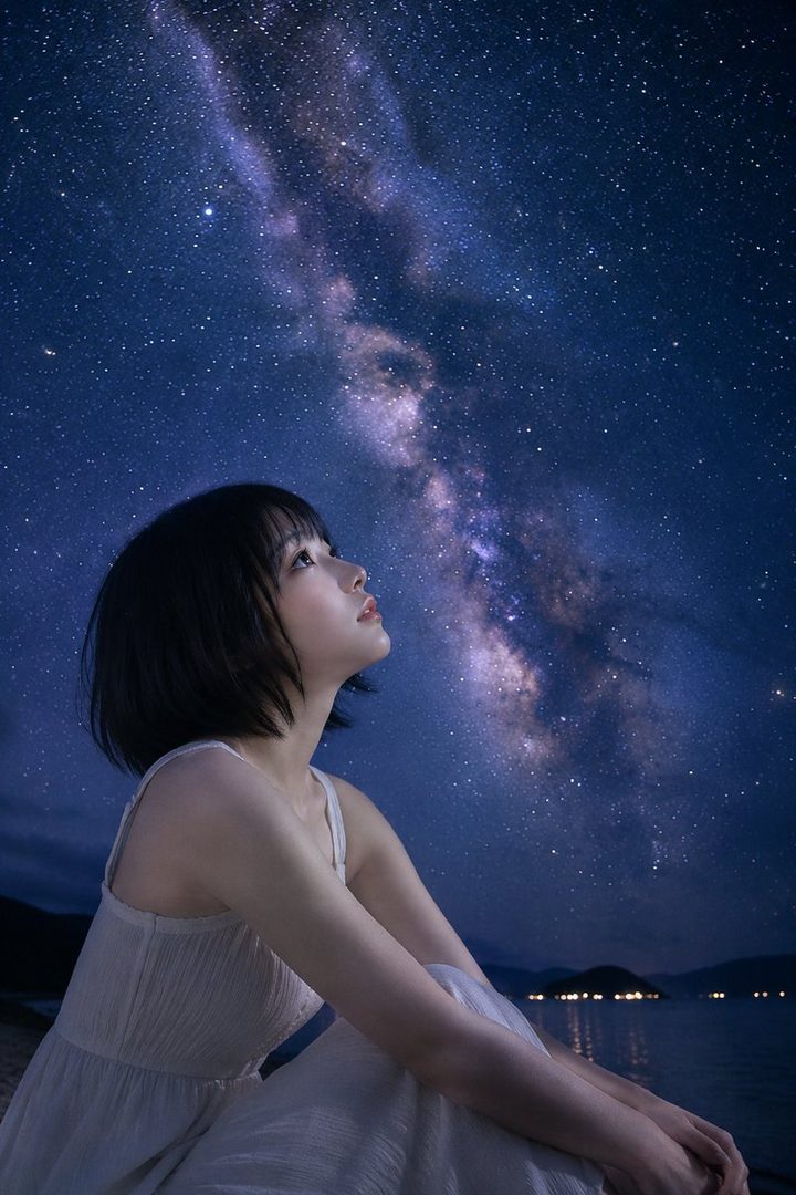 A young woman with short black hair looks up at the Milky Way galaxy in the night sky.