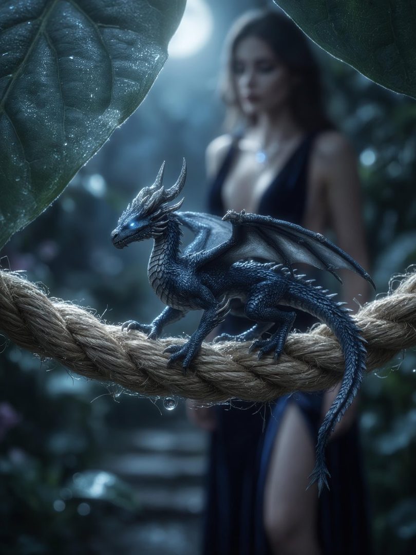A woman in a dark blue dress stands behind a small, dark blue dragon perched on a thick rope in a mystical, moonlit forest.