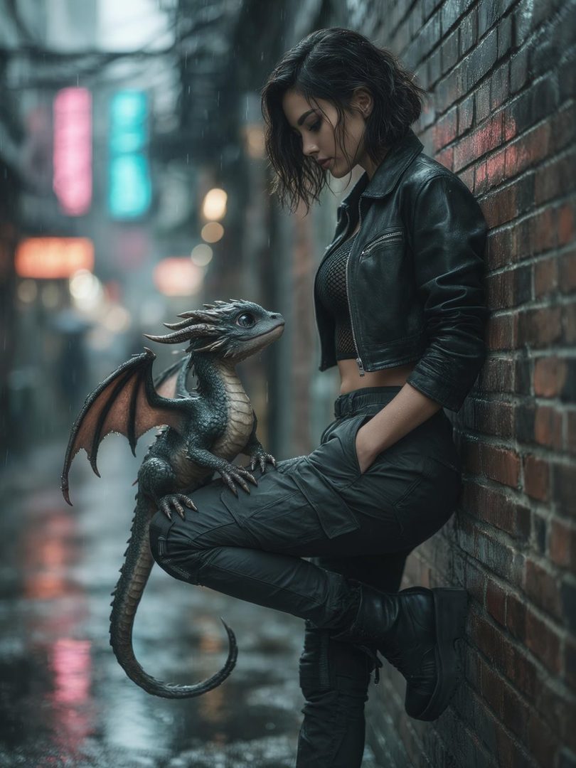 A young woman in a black leather jacket and cargo pants leans against a brick wall in a rainy city street at night, with a small dragon perched on her leg.