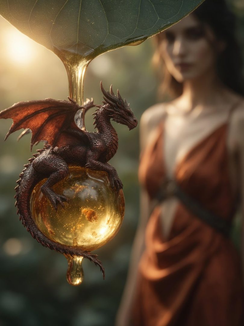 A photorealistic portrait of a woman in an orange dress, with a dragon figurine perched on a golden orb dripping with liquid, set against a soft, sunlit outdoor background.
