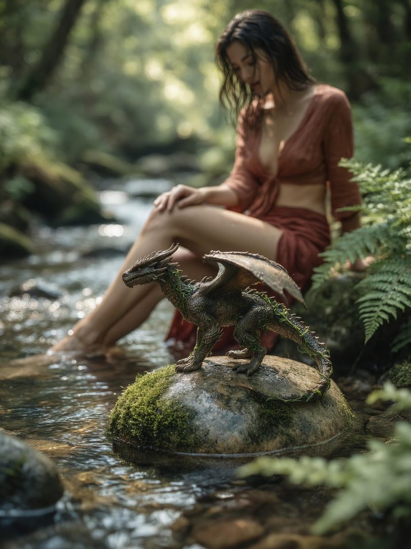 A woman with wet hair sits by a stream in a forest, with a small dragon figurine on a rock in the foreground.