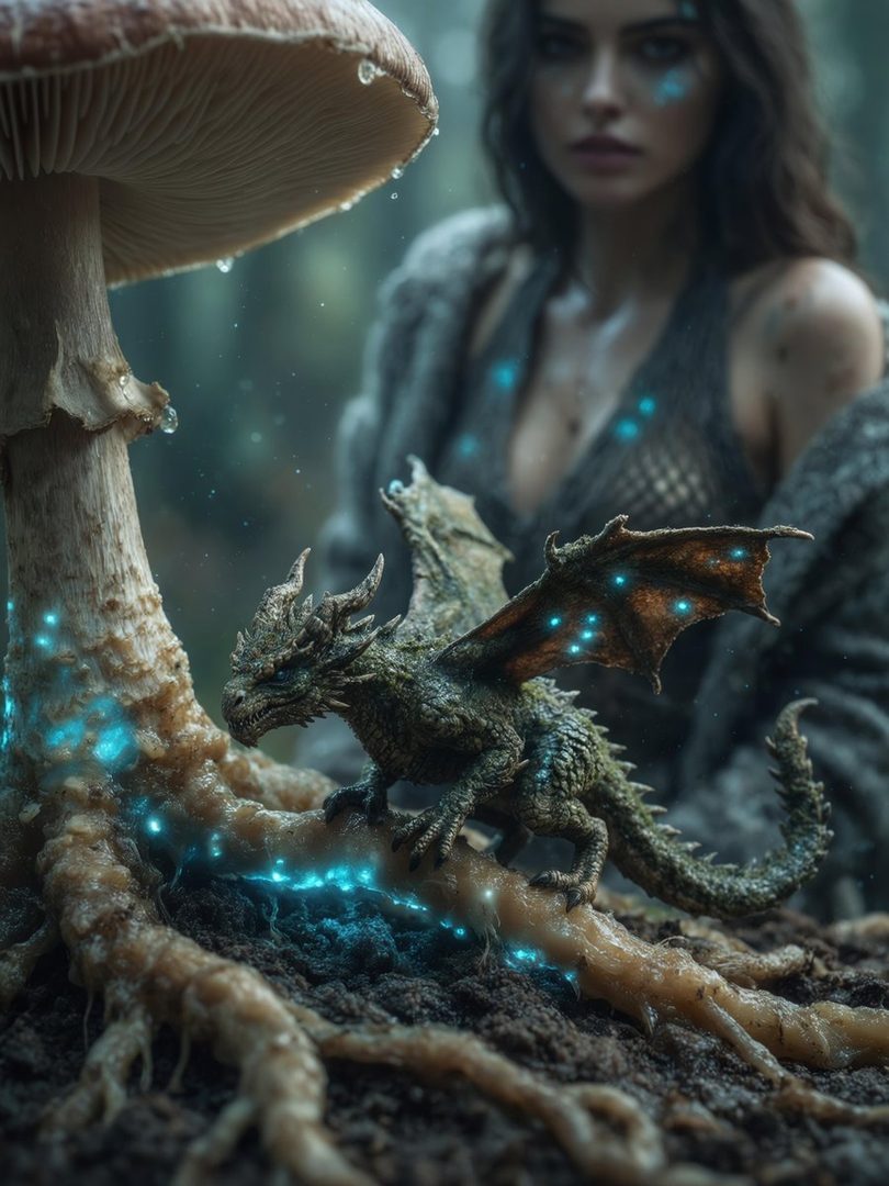 A mystical woman with glowing blue markings on her face and chest stands in a forest next to a large mushroom and a small dragon.