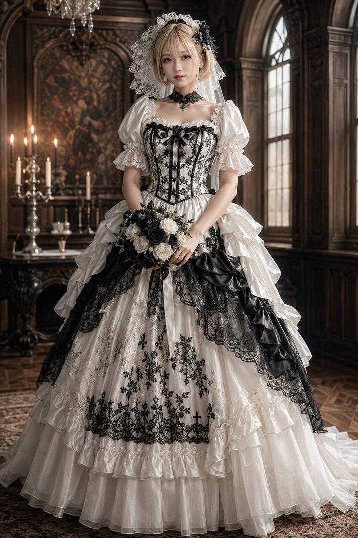 A woman in a gothic lolita-style white and black dress, holding a bouquet of black and white roses, posing indoors.