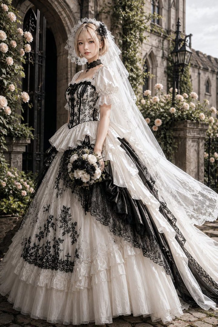 A young woman in a black and white gothic-style wedding dress, holding a bouquet, stands in front of a stone building with roses.