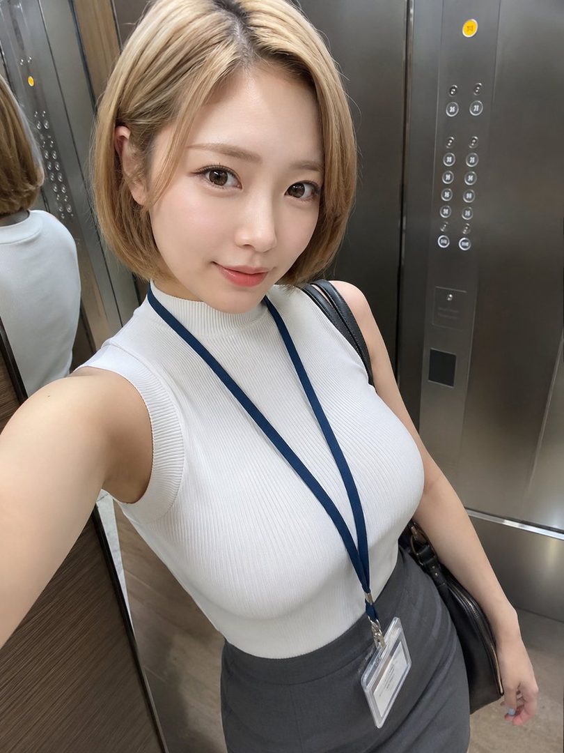 A young Japanese woman with short blonde hair takes a selfie in an elevator, wearing a white sleeveless top and a grey skirt, with an office ID badge around her neck.