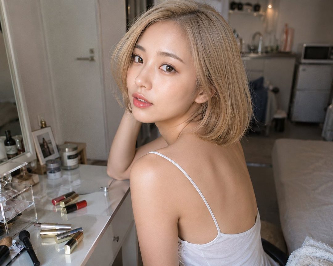 A young Japanese woman with short blonde hair and light makeup, wearing a white camisole, poses indoors by a vanity table with cosmetics.