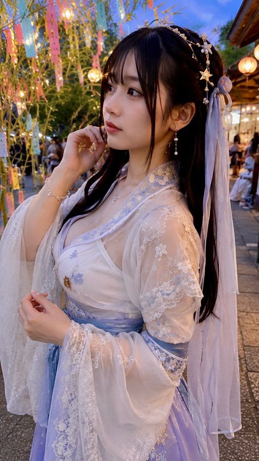 A young woman in a traditional Chinese-inspired dress with intricate lace details and a blue sash, posing outdoors at night with festive lanterns and streamers in the background.