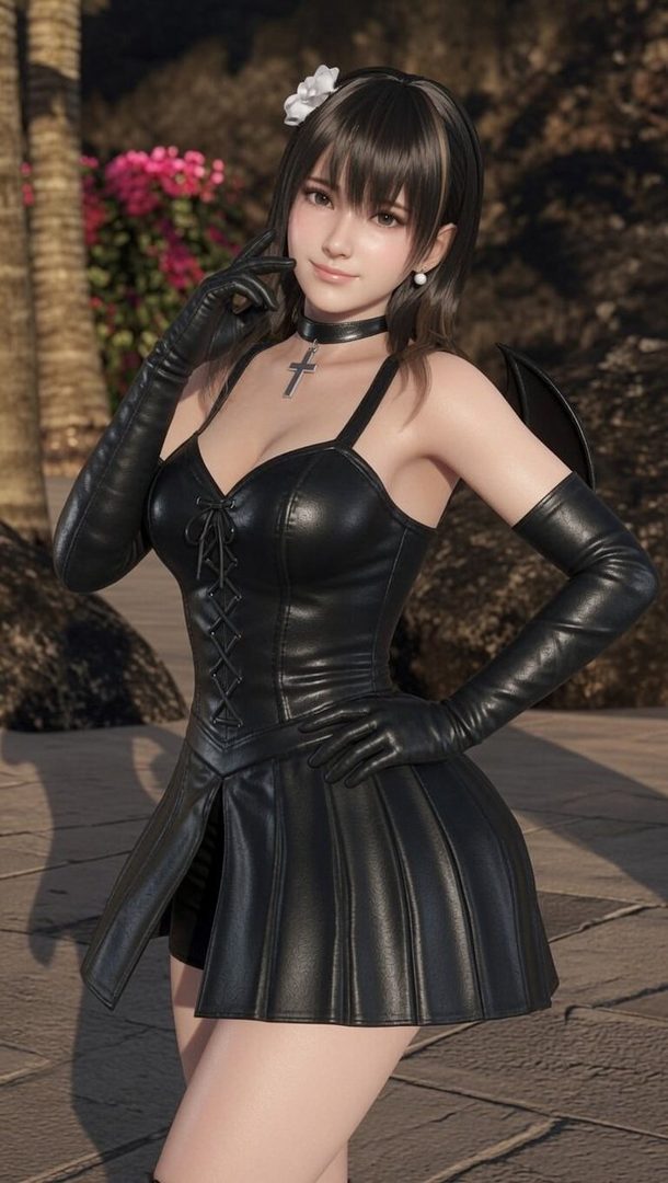 A Japanese AI model with black hair and bangs, wearing a black leather dress, choker with a cross pendant, and long black gloves, posing outdoors.