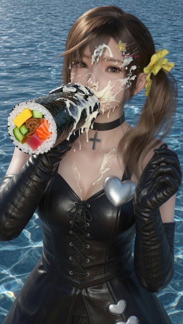 A young woman with brown pigtails, wearing a black leather dress and gloves, is covered in mayonnaise while holding a large sushi roll. She is posing by the water.
