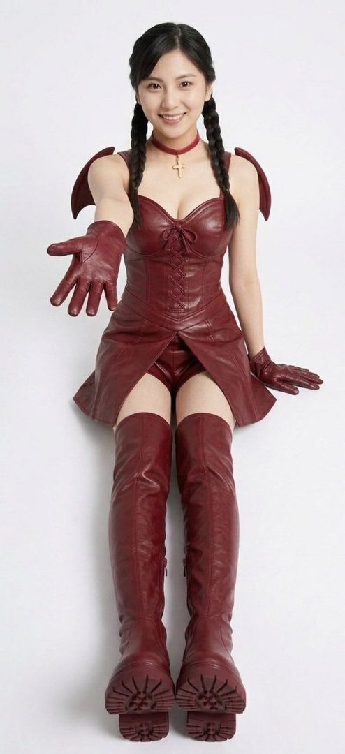 A smiling woman with braided black hair, wearing a red leather dress, gloves, and thigh-high boots, sits on a white background with one hand extended.