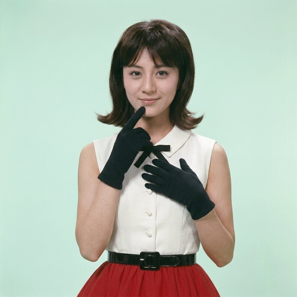 A young woman with short dark hair and bangs, wearing a white sleeveless top with a black bow, black gloves, and a red skirt, poses with a thoughtful expression against a light green background.