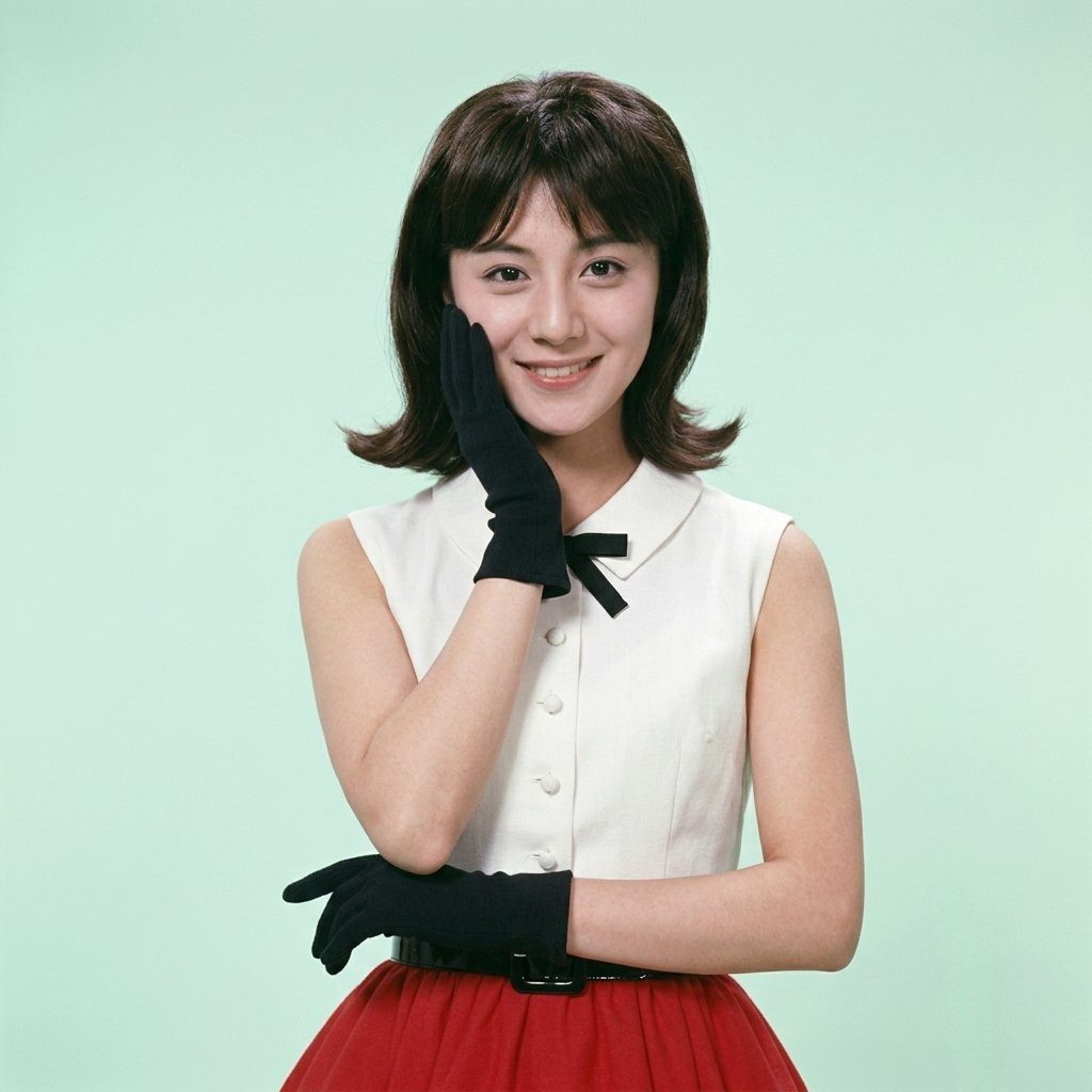 A young woman with short brown hair and bangs, wearing a white sleeveless top, black gloves, and a red skirt, poses with her hand on her cheek against a light blue background.