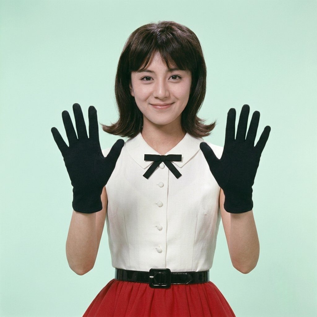 A young Japanese woman with short black hair and bangs, wearing a white sleeveless dress with a black bow and a red skirt, and black gloves, smiles at the camera in a studio setting.