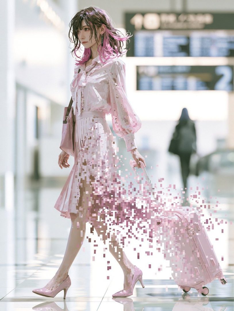 A woman with pink-streaked brown hair in a pink dress and skirt, walking with a pink suitcase, her lower body pixelating.