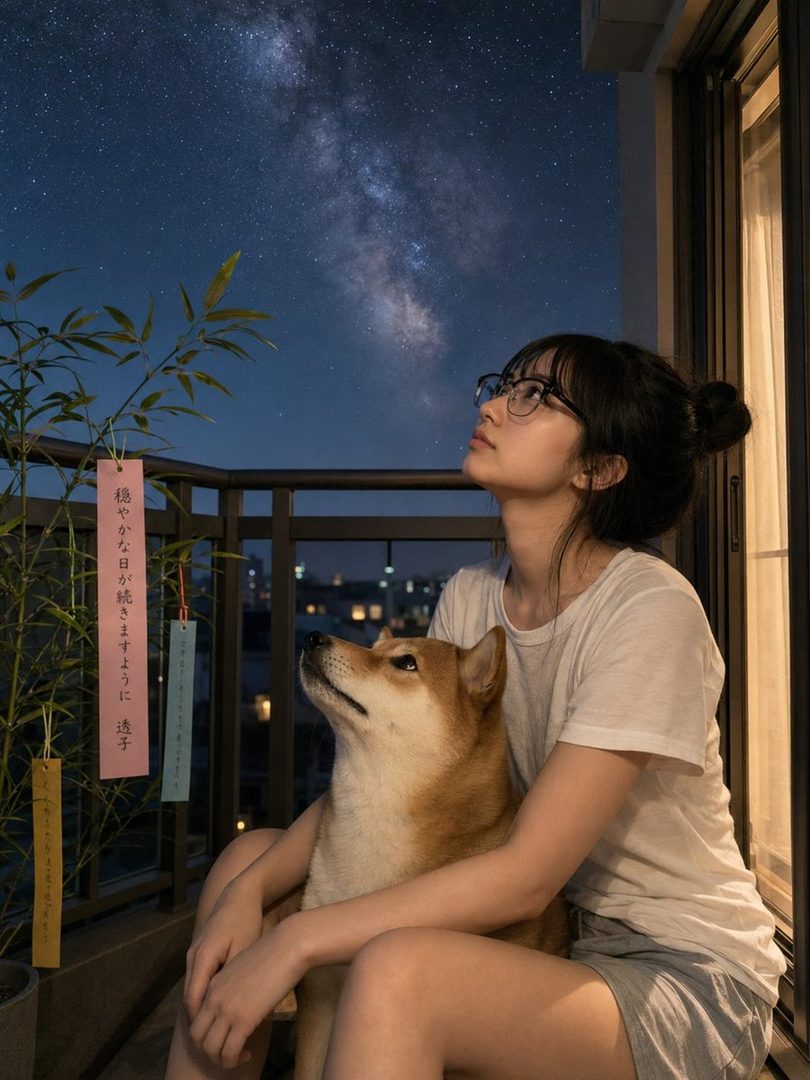 A young woman with her hair in a bun, wearing glasses and a white t-shirt, sits on a balcony at night with a Shiba Inu dog. The Milky Way is visible in the starry sky above.