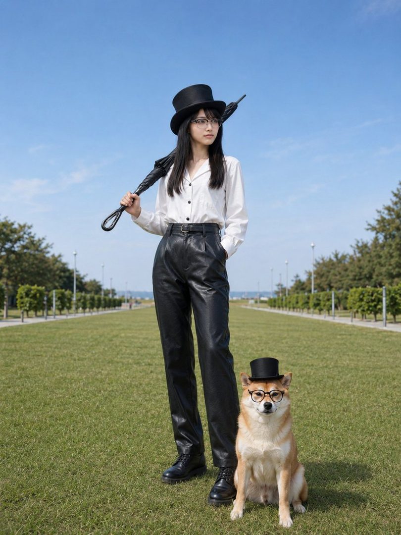 A person and a dog wearing top hats and glasses stand on a grassy field.