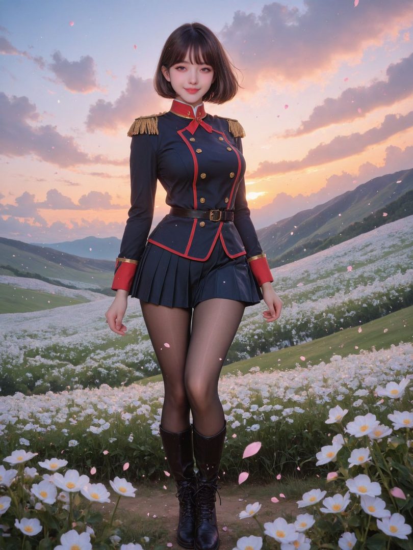 A young woman in a dark blue military-style uniform with red trim and gold epaulets stands in a field of white flowers at sunset.