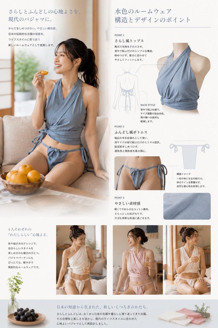 A smiling East Asian woman in a blue wrap-around top and matching thong-style bottoms, posing indoors on a couch.