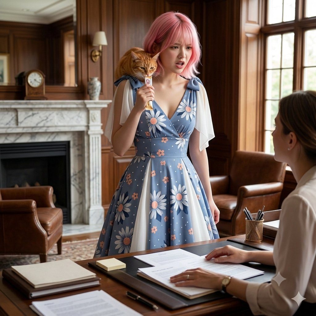 A young woman with pink hair and a floral dress holds a cat on her shoulder while talking to another woman across a desk.
