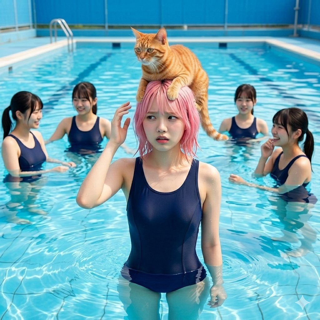 A young woman with pink hair stands in a swimming pool with a cat on her head, while other young women in swimsuits are in the background.