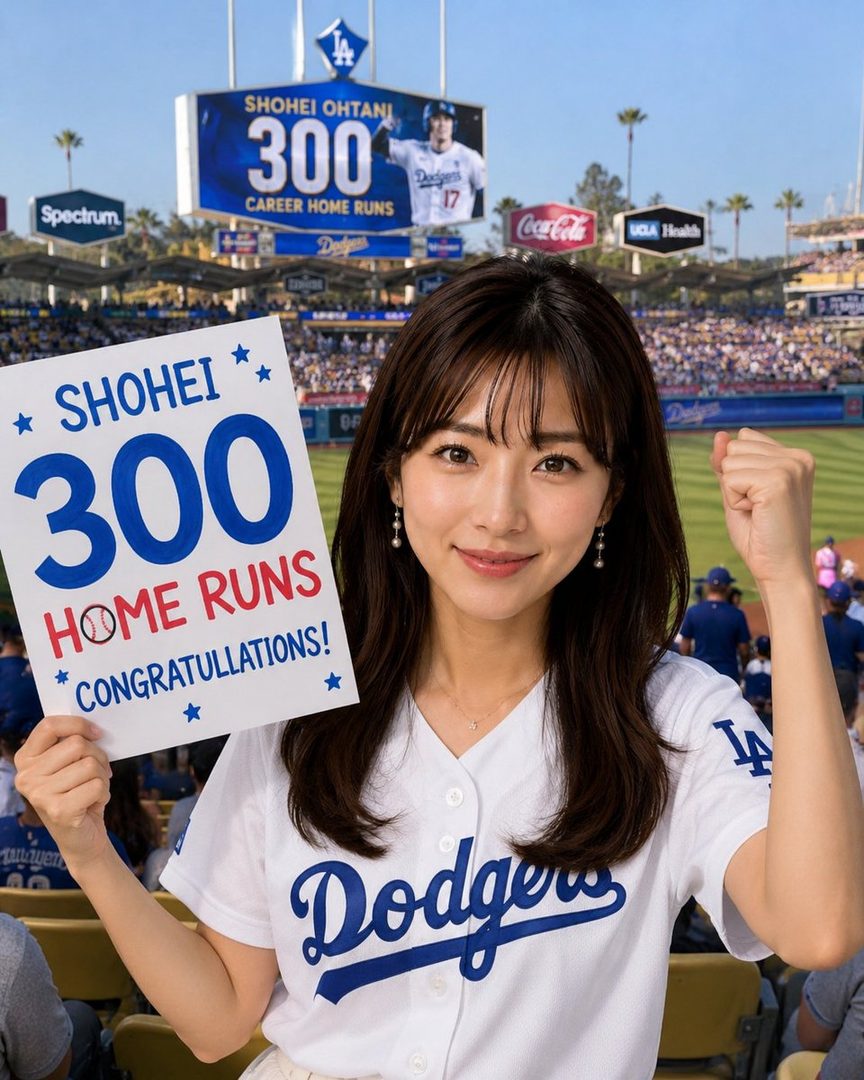 A woman in a Los Angeles Dodgers jersey holds a sign congratulating Shohei Ohtani on his 300th career home run at a baseball stadium.