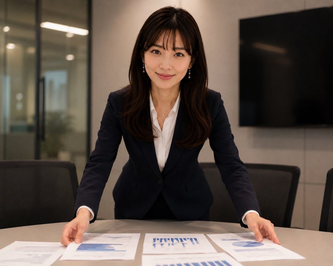A professional East Asian woman in a dark suit and white blouse smiles confidently while arranging documents on a conference table in a modern office setting.