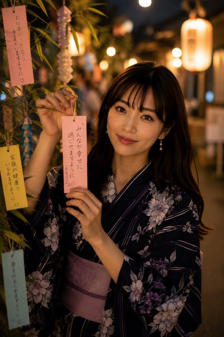 A young woman in a dark floral yukata holds a pink tanzaku (wish paper) with Japanese writing, smiling gently.