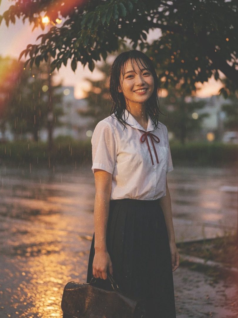 A young woman in a school uniform smiles in the rain, holding a briefcase.