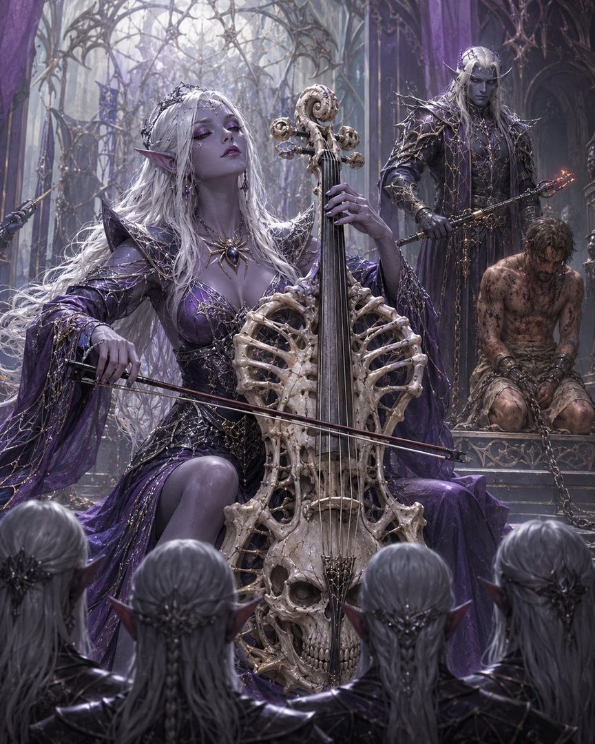 An ethereal elf woman with long blonde hair plays a cello made of bones in a dark, gothic hall, surrounded by other elves and a chained prisoner.