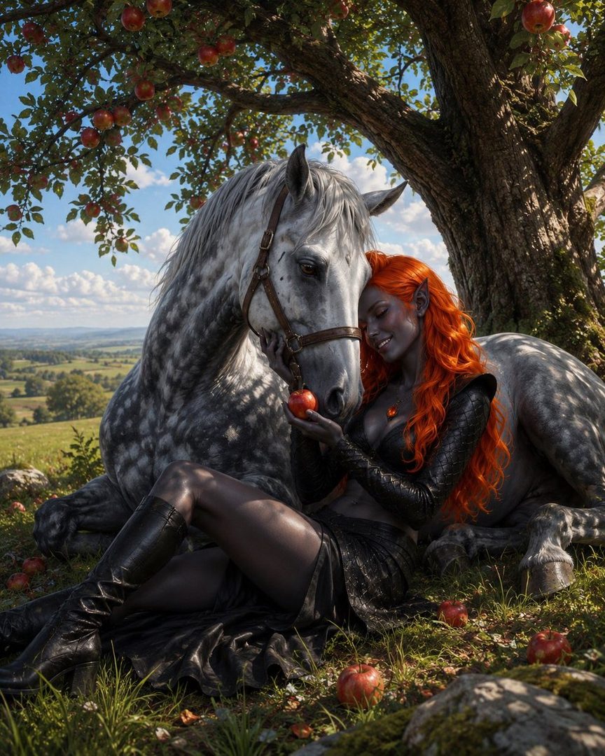 A woman with vibrant orange hair and dark skin sits next to a dappled grey horse under an apple tree, holding an apple.
