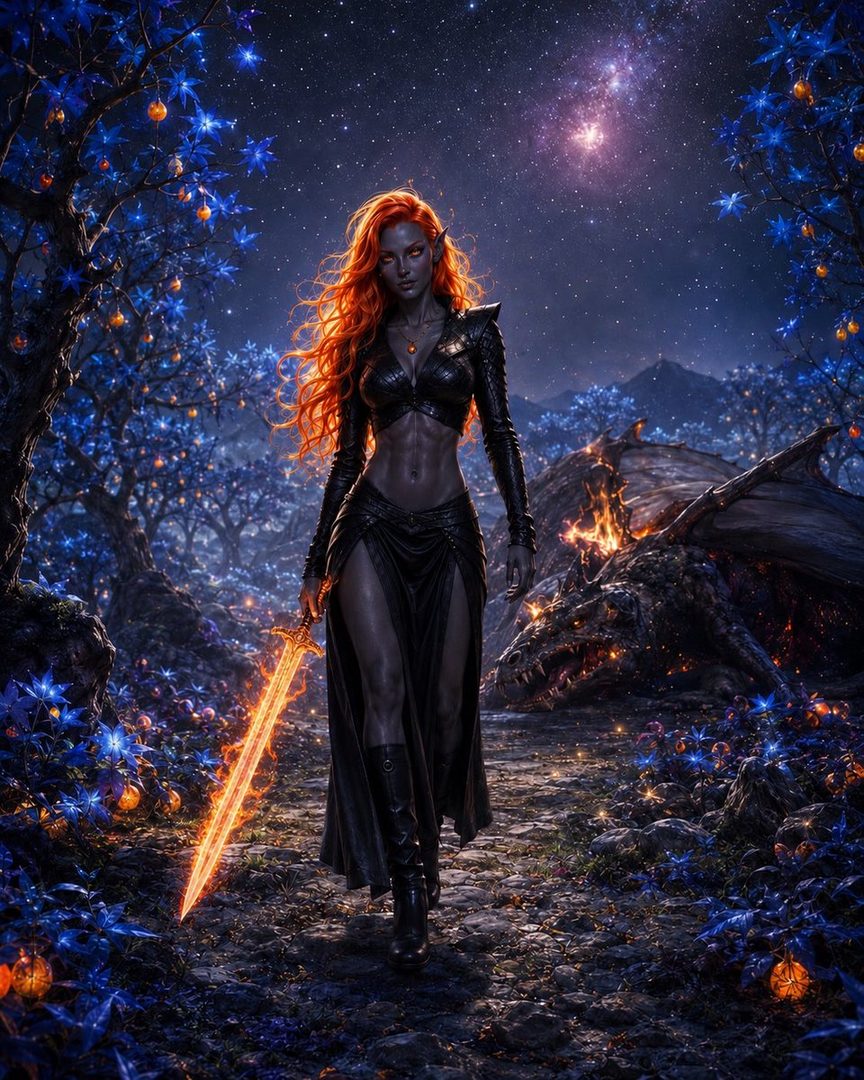 A dark-skinned elf woman with long, flowing red hair and glowing orange eyes walks through a magical forest at night, holding a flaming sword. A dragon lies in the background.