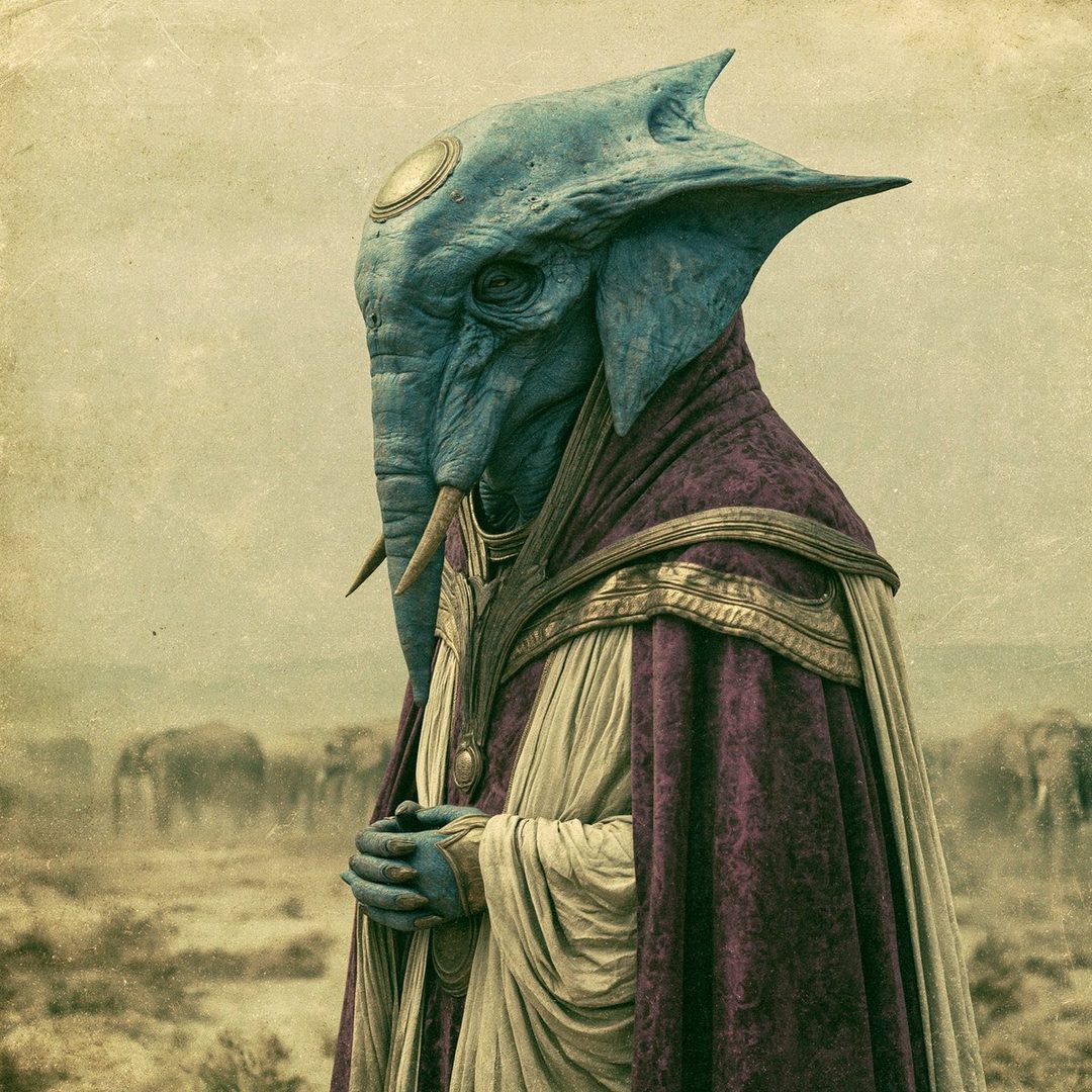 A majestic blue elephant-headed figure in ornate purple and white robes stands in a dusty, savanna-like landscape with other elephants in the background.