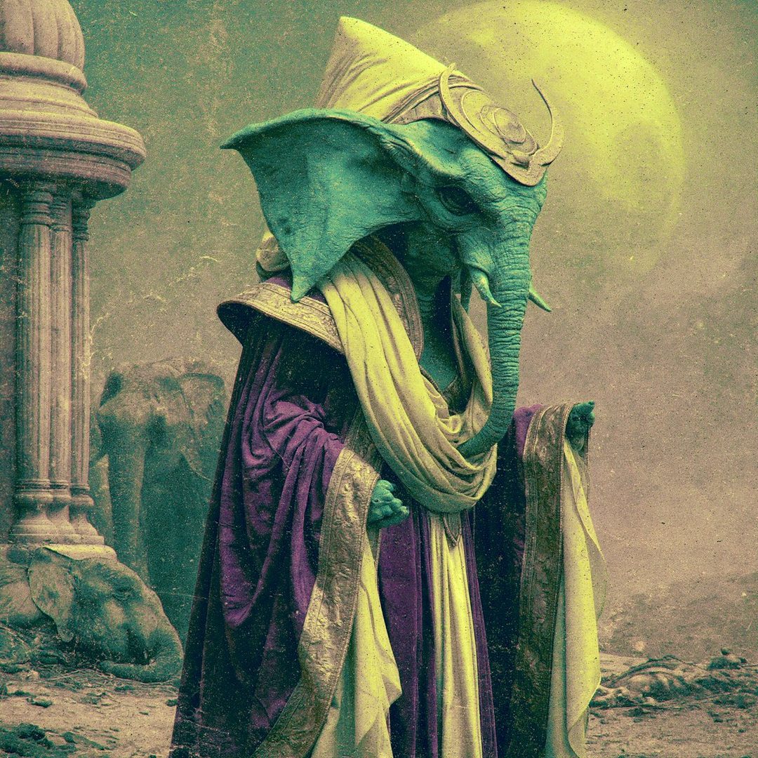 A majestic elephant-headed figure in ornate purple and yellow robes stands before ancient ruins under a large moon.