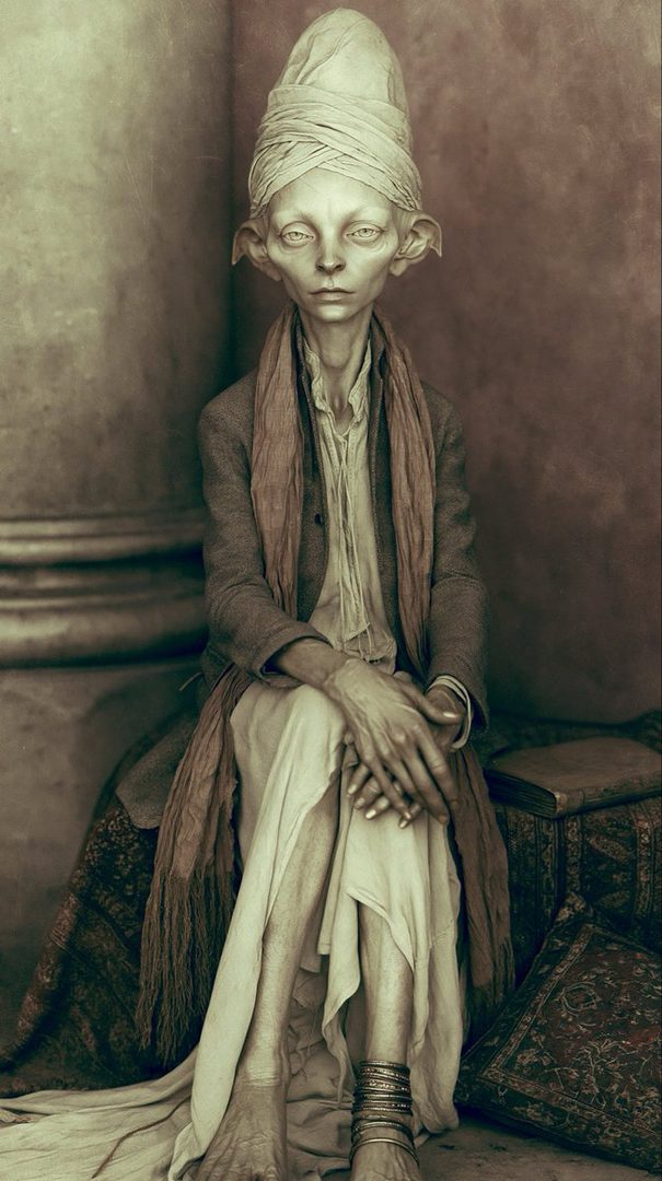 A pale, gaunt figure with large ears and a turban sits with hands clasped, wearing a long scarf and layered clothing.