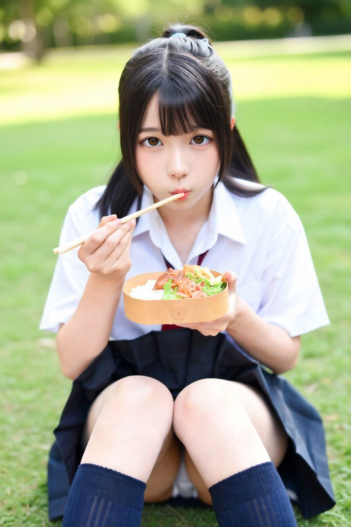 A young woman in a school uniform eating a bento box in a park.