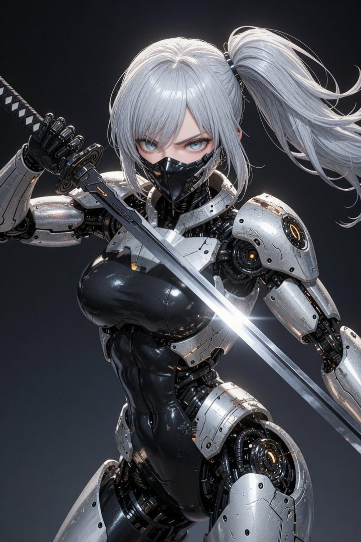 A photorealistic portrait of a female cyborg ninja with white hair in a ponytail, wearing a black mask and a silver and black cybernetic suit, holding a katana.