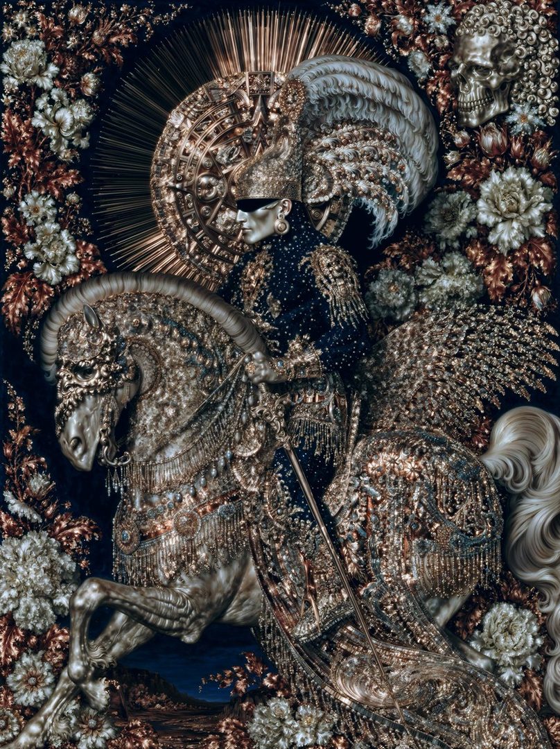 A regal figure in ornate golden armor and a dark, bejeweled outfit rides a heavily adorned horse, surrounded by elaborate floral arrangements and a skull motif.