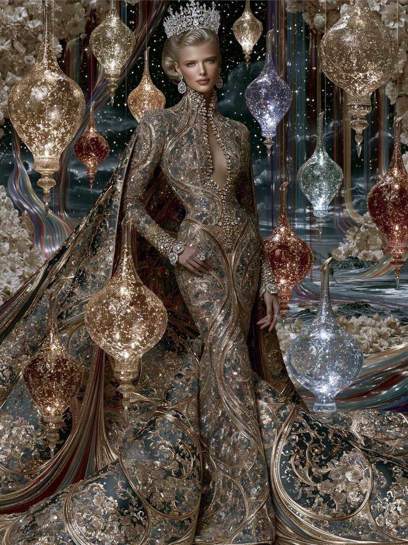 A regal AI-generated woman wearing an ornate, jeweled gown and a tiara, standing amidst glittering lanterns and opulent decor.