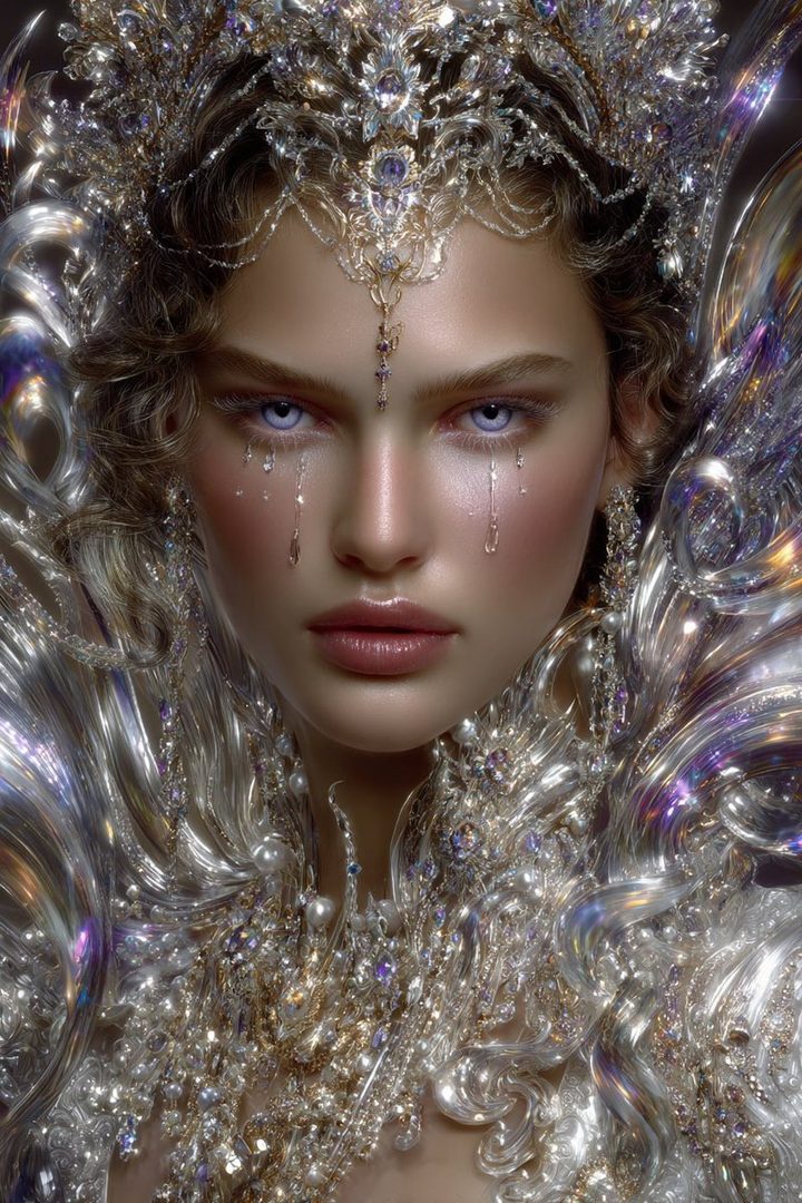 A stunningly detailed photorealistic portrait of a woman adorned with intricate silver and jewel-encrusted headwear and ornate, shimmering attire, with delicate teardrop-like embellishments on her cheeks.
