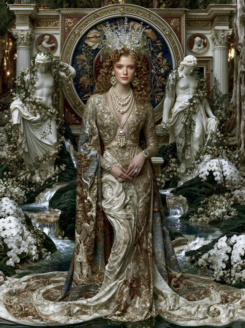 A regal woman with curly blonde hair, wearing an ornate gown and a crown, stands in a lush garden with classical statues and waterfalls.