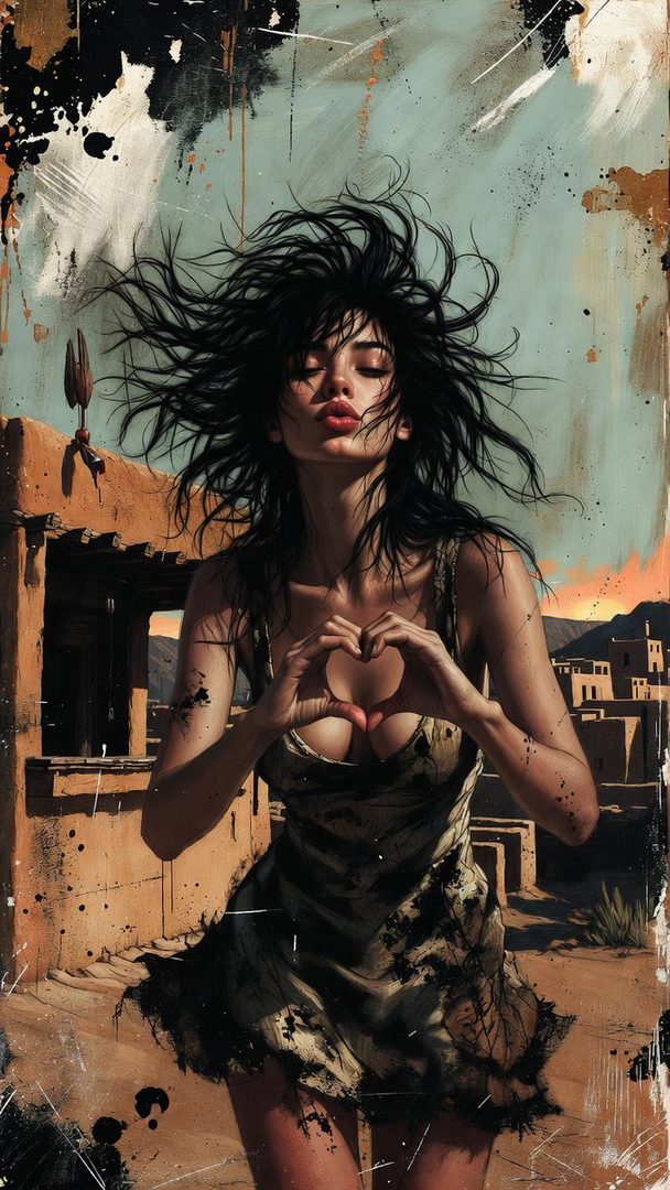 A woman with long, dark, windswept hair makes a heart shape with her hands, wearing a patterned dress, in an outdoor desert setting.