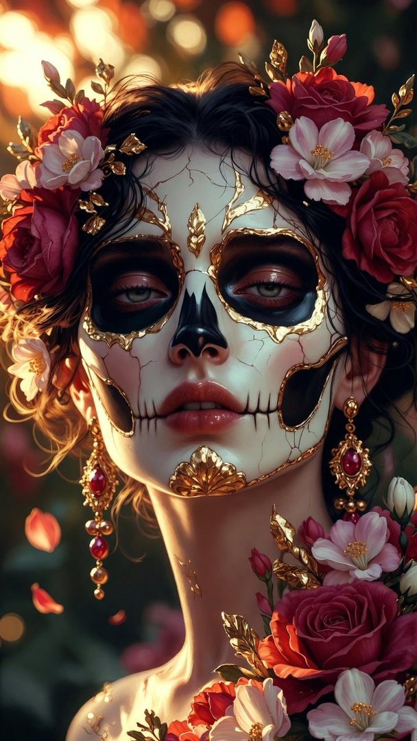 A photorealistic portrait of a woman with intricate sugar skull makeup and a floral headdress, adorned with gold accents and jewelry, set against a soft, bokeh background.