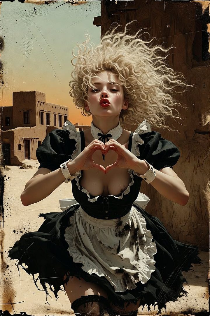 A woman in a dirty maid outfit with blonde curly hair blowing in the wind, making a heart shape with her hands and puckering her lips.