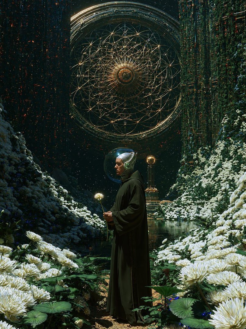 A person in a dark robe and futuristic helmet stands in a lush garden holding a white flower, with a large, intricate circular structure in the background.