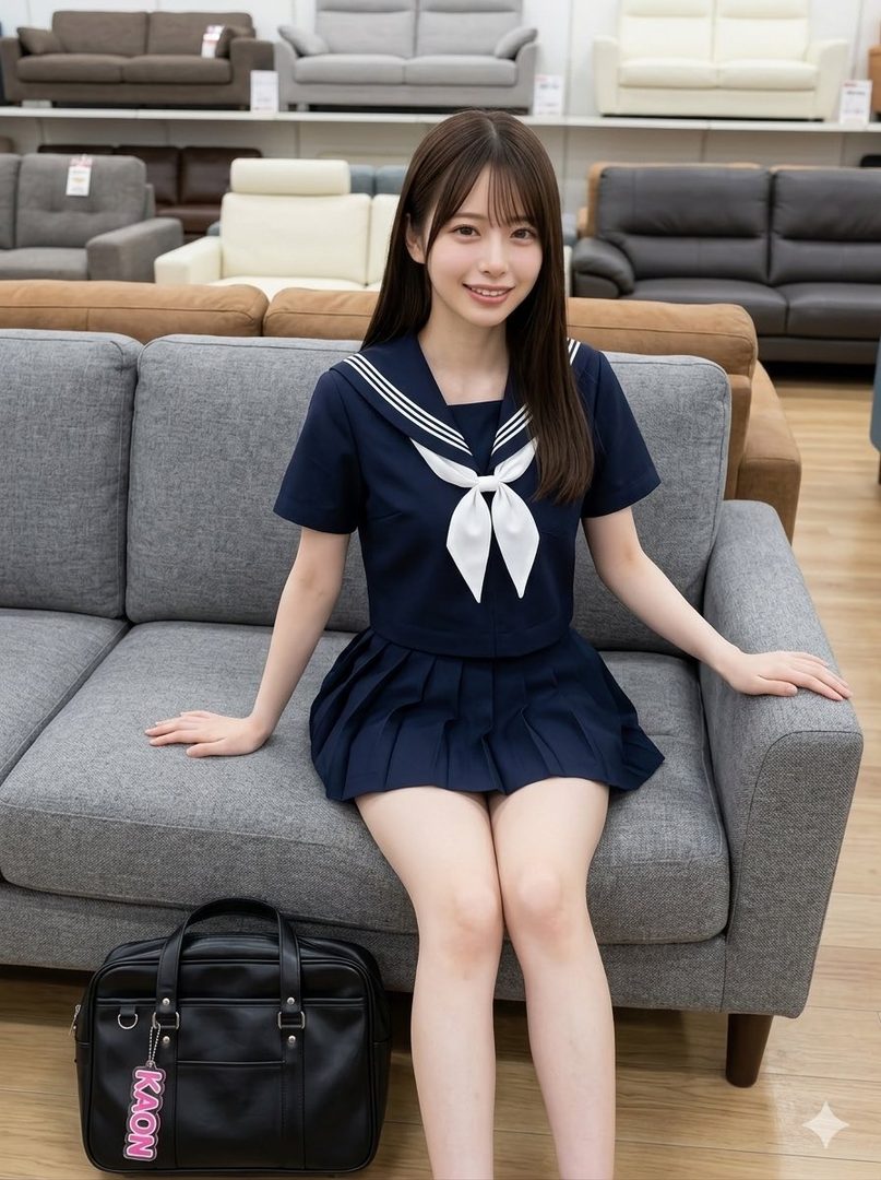 A young woman in a navy blue sailor uniform sits on a grey sofa in a furniture store, smiling at the camera.