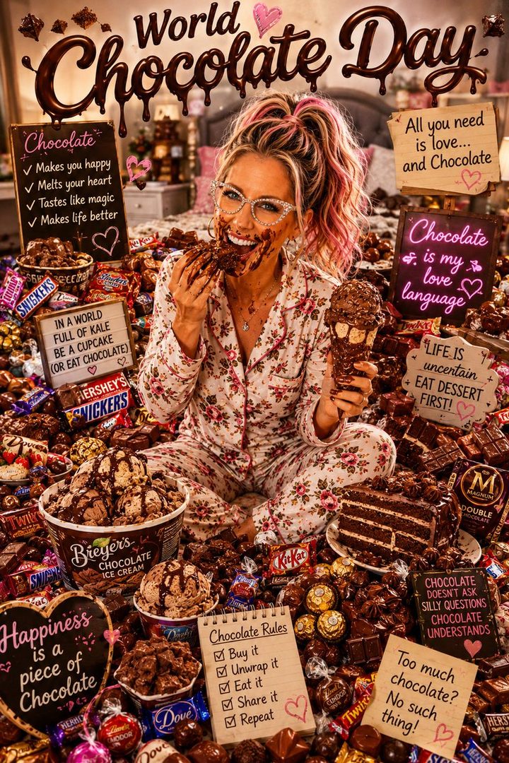 A woman in pajamas covered in chocolate sits surrounded by a mountain of chocolate bars and ice cream, eating a chocolate bar with a messy face.