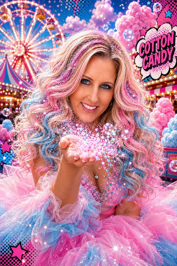 A woman with long, wavy blonde hair with pink and blue streaks, blowing glitter from her hands, in front of a carnival background with a Ferris wheel and cotton candy.