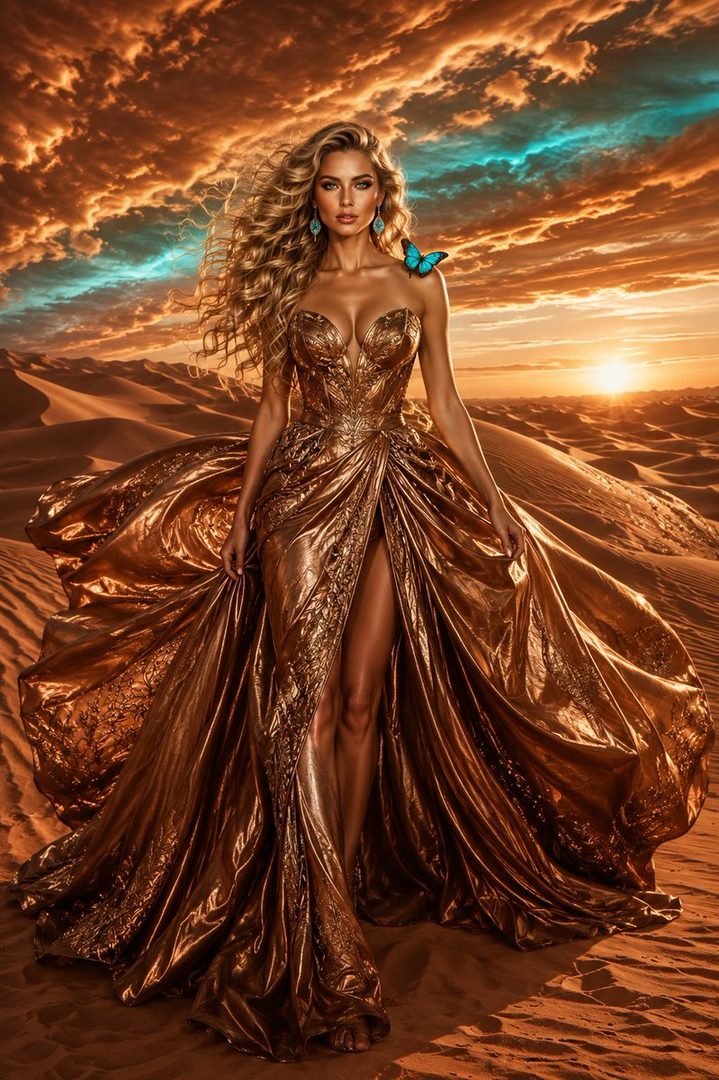 A woman in a flowing golden gown stands in a desert landscape at sunset, with a butterfly on her shoulder.